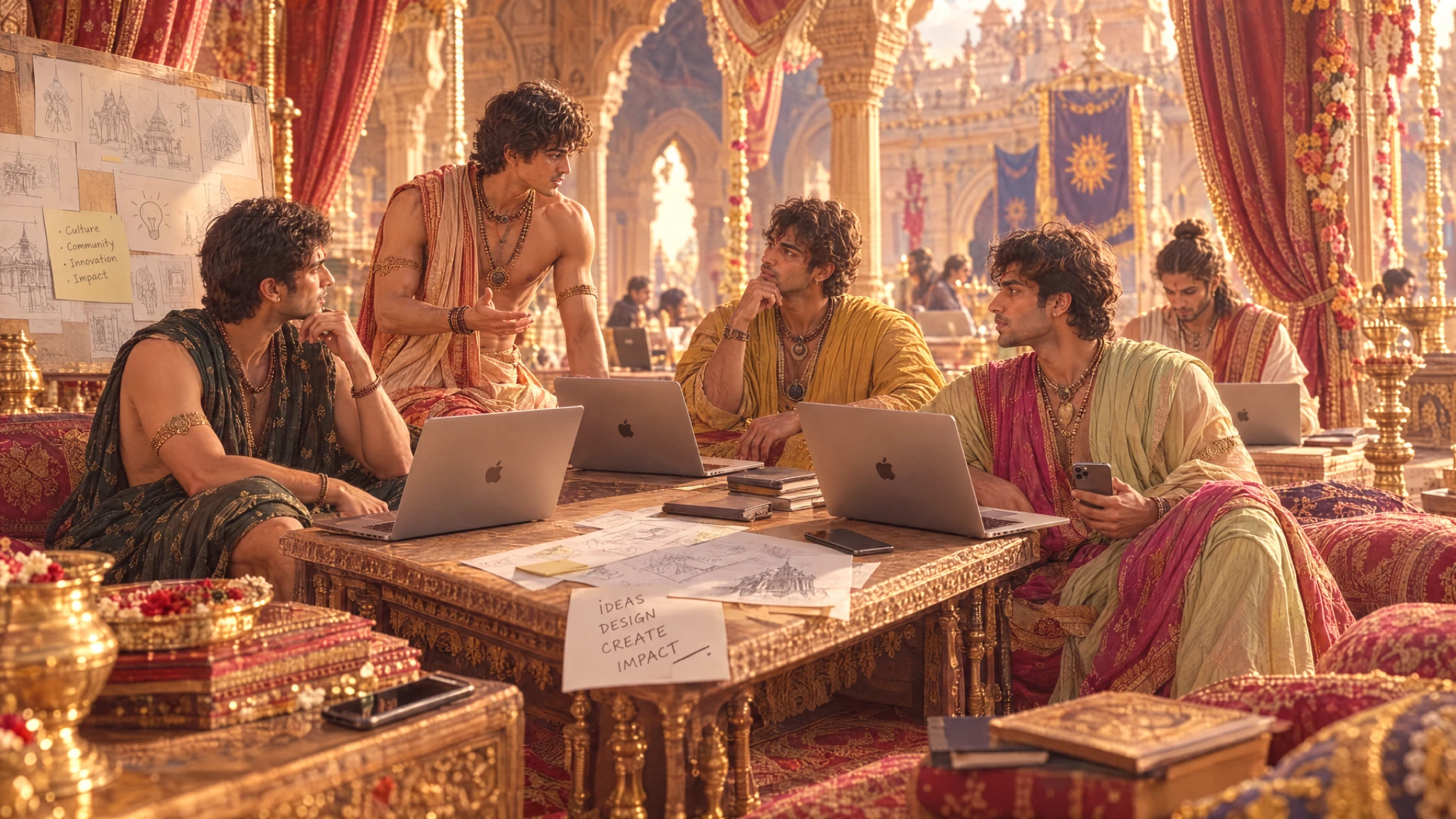 A creative workshop with sketches and laptops around a carved table in a warmly lit architectural setting